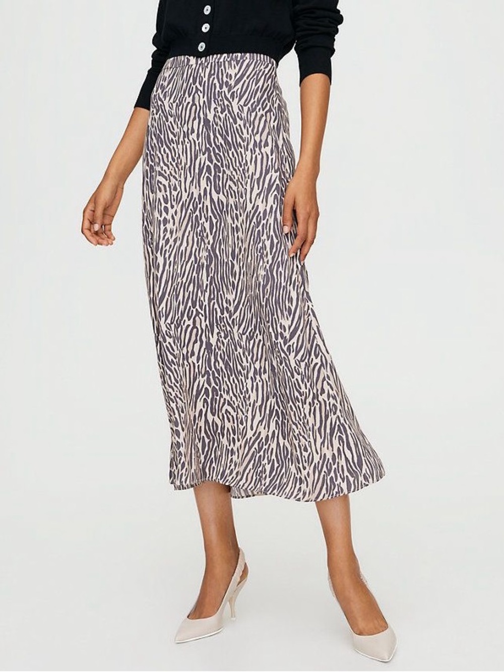 Wilfred | Animal Print Midi Skirt Size 4 Zebra Leopard Beige Grey Aritzia